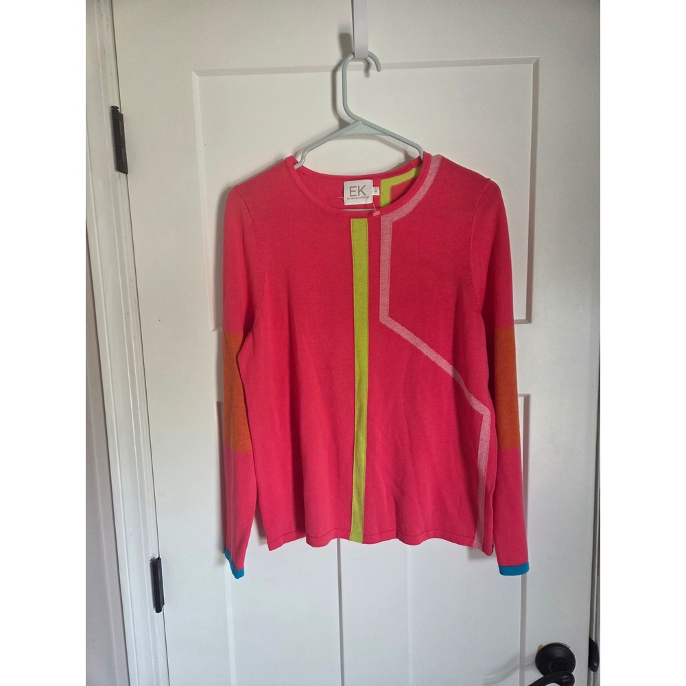 Edinburgh Knitwear EK Pink Colorblock Geometric Crew Neck Sweater Womens Large